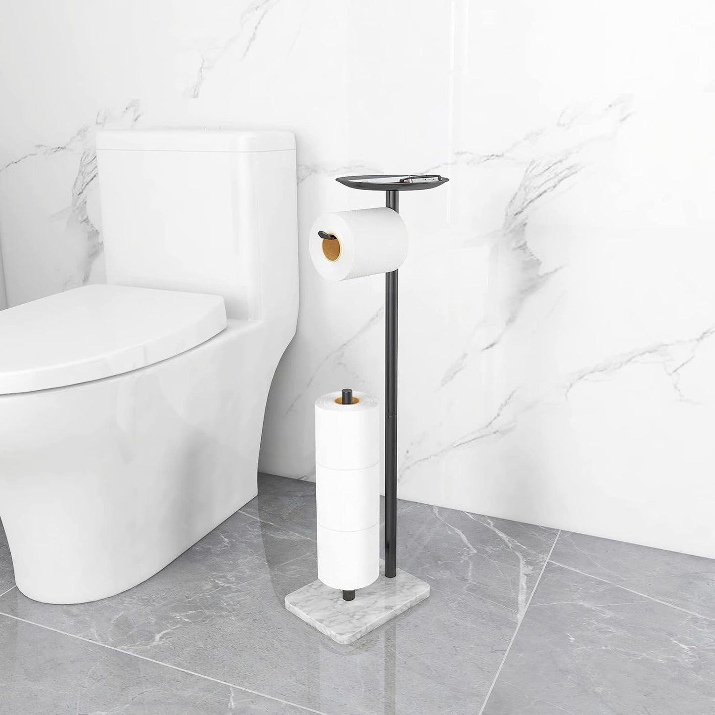 Toilet Paper Holder Stand for Bathroom Floor Standing Toilet Roll Dispenser Storages 4 Reserve Rolls, with Top Storage Shelf for Cell Phones, Wipe, Wallet and More(Marble Black)