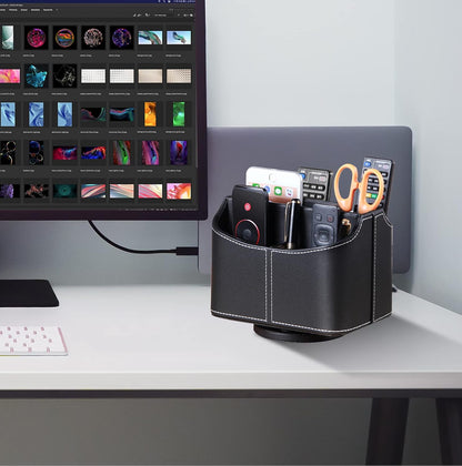 Premium PU Leather 360-Degree Spinning Remote Control Holder and Organizer for Desk and Bedside Table - Versatile Storage Solution for Media Controllers, Makeup Brushes, Glasses, Pens, and Office Accessories