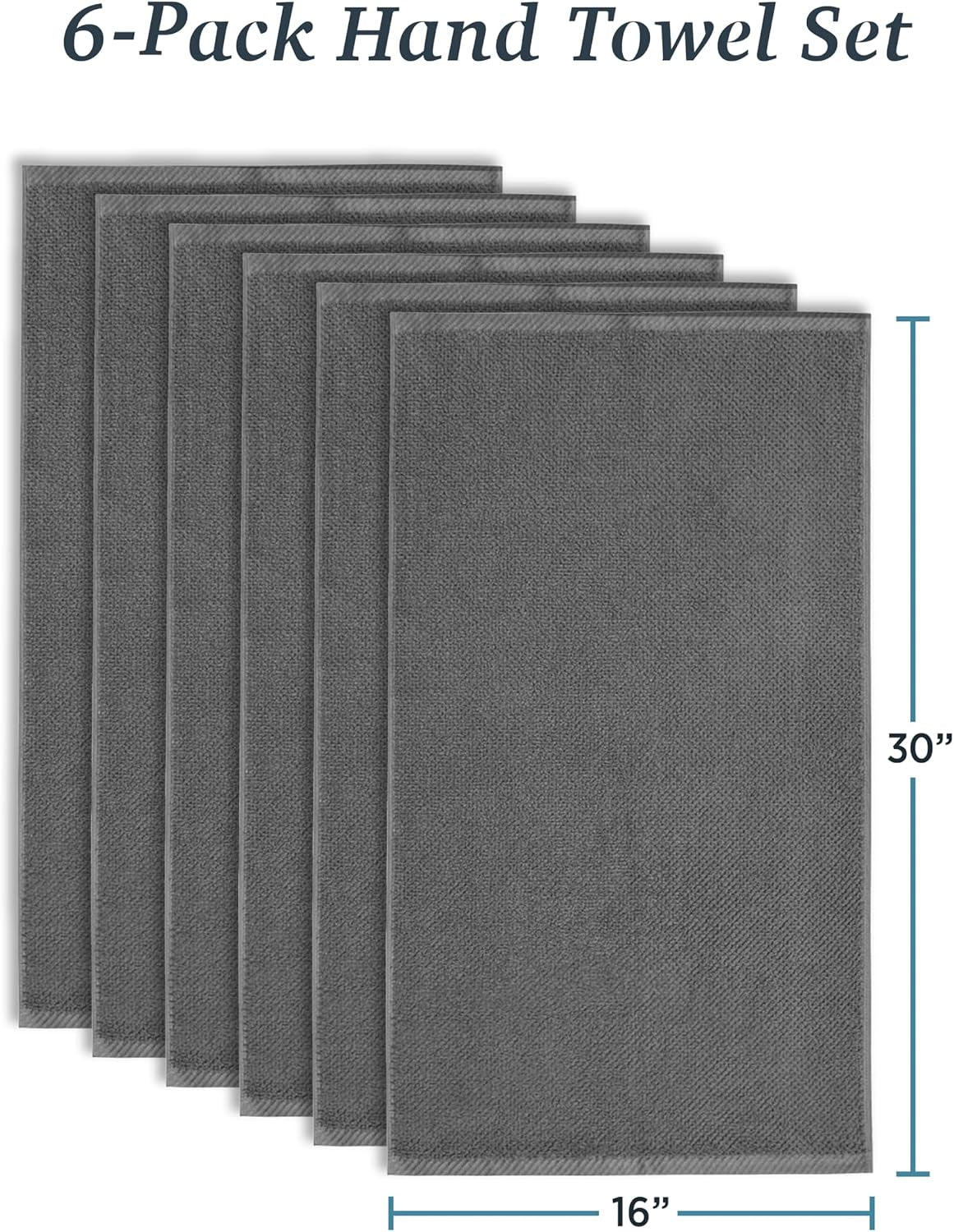 Franklin Premium 6-Pack Charcoal Hand Towels with Popcorn Texture - Luxurious Hotel & Spa Quality, Soft and Absorbent 600 GSM 100% Cotton