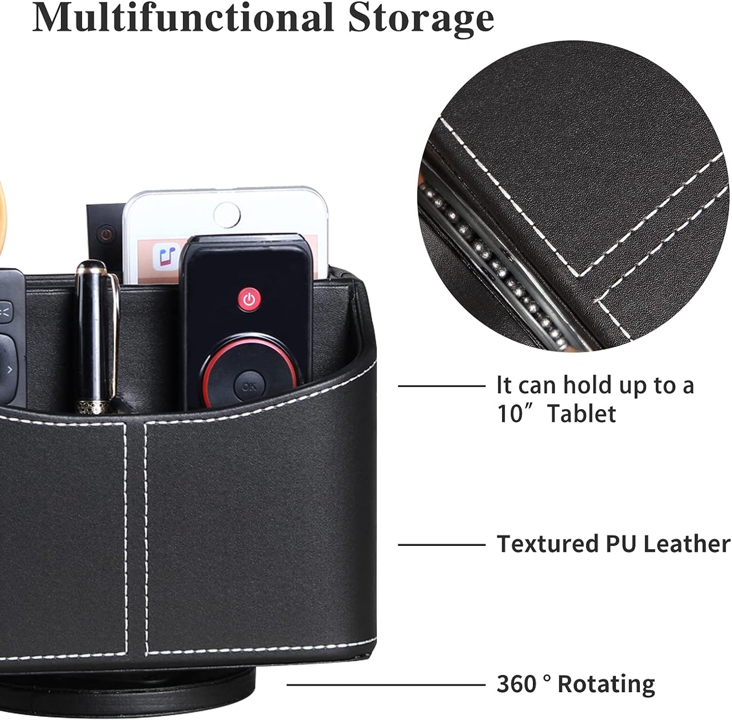 Premium PU Leather 360-Degree Spinning Remote Control Holder and Organizer for Desk and Bedside Table - Versatile Storage Solution for Media Controllers, Makeup Brushes, Glasses, Pens, and Office Accessories