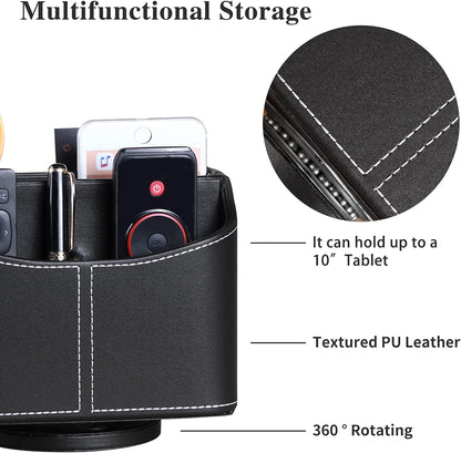 Premium PU Leather 360-Degree Spinning Remote Control Holder and Organizer for Desk and Bedside Table - Versatile Storage Solution for Media Controllers, Makeup Brushes, Glasses, Pens, and Office Accessories