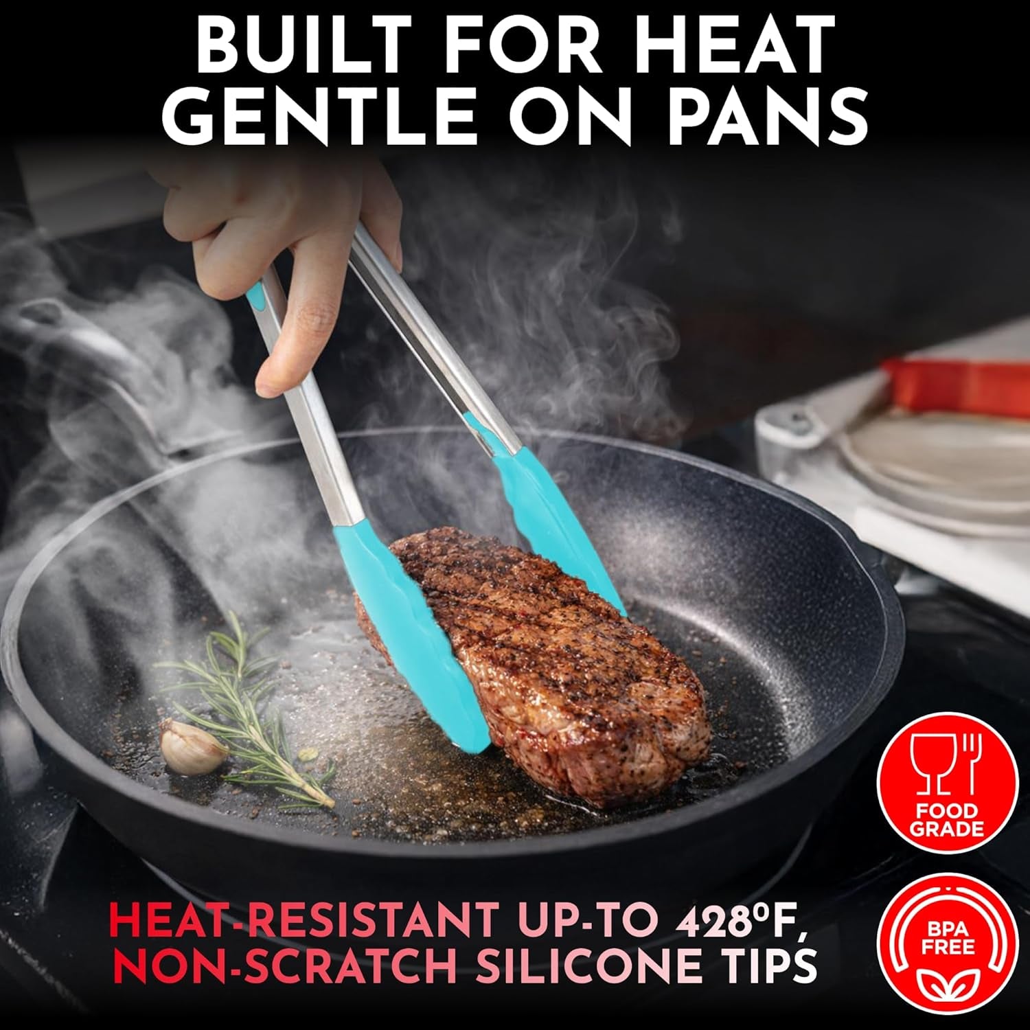 Set of 3 Aqua Silicone Tongs - 12, 9 & 7 Inch Locking Heat Resistant Tongs for Cooking, Grilling, Serving, and Mixing