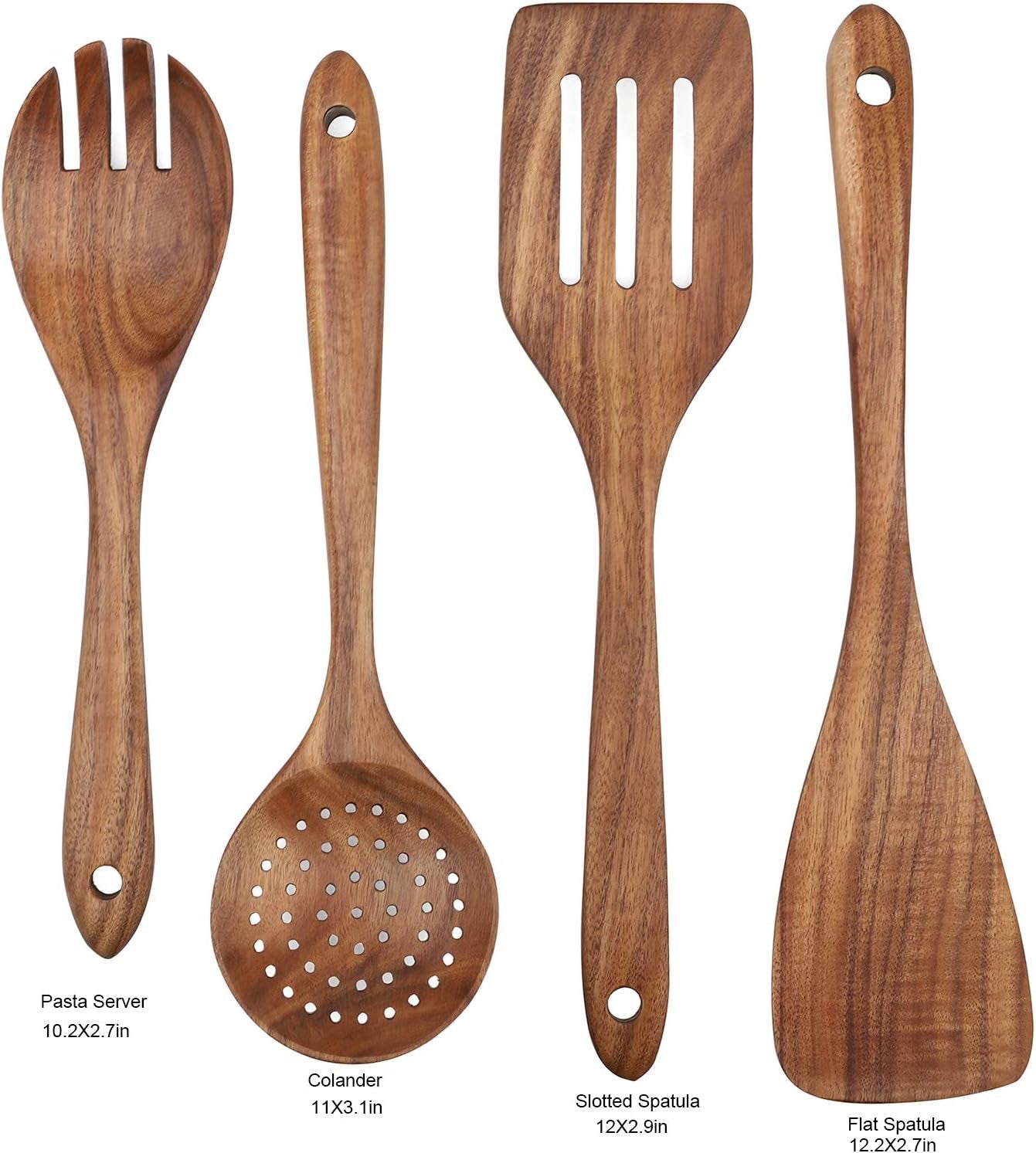 4-Piece Wooden Cooking Utensils Set for Non-Stick Cookware: Includes Spatula, Fork, Turner, Ladle, and Strainer Spoons