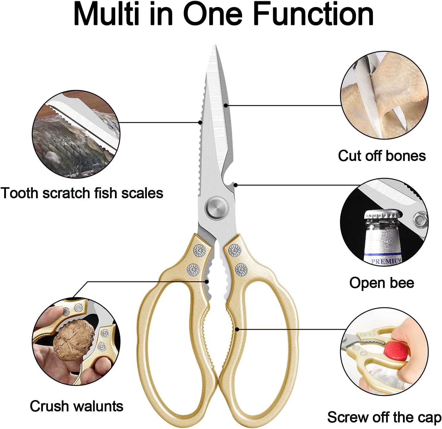 Heavy-Duty All-Purpose Kitchen Scissors with Ultra Sharp Stainless Steel Blades, Dishwasher Safe, Ideal for Poultry, Fish, Meat, Herbs, and Grapes, Featuring Non-Slip Grips - Gold Finish