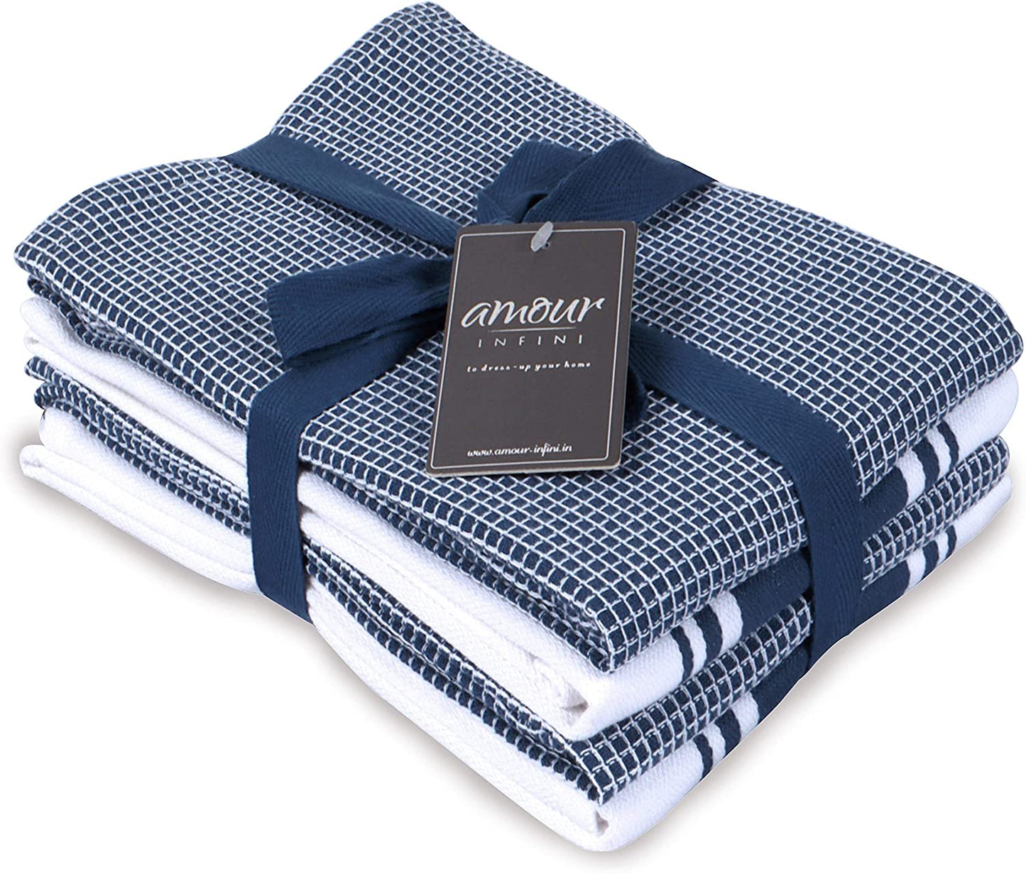 Cotton Kitchen Towels - Set of 4 Ultra Soft Waffle Weave Dish Cloths with Hanging Loop - 20x28 Inch Highly Absorbent and Quick Drying (Blue)