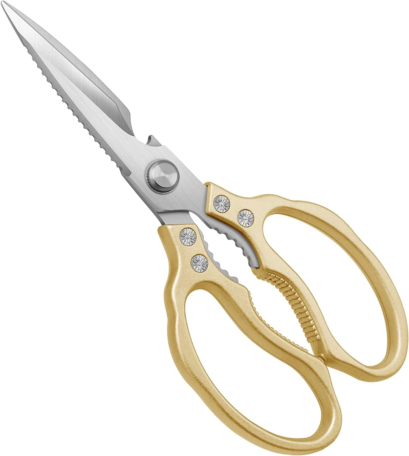 Heavy-Duty All-Purpose Kitchen Scissors with Ultra Sharp Stainless Steel Blades, Dishwasher Safe, Ideal for Poultry, Fish, Meat, Herbs, and Grapes, Featuring Non-Slip Grips - Gold Finish