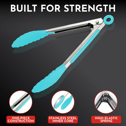 Set of 3 Aqua Silicone Tongs - 12, 9 & 7 Inch Locking Heat Resistant Tongs for Cooking, Grilling, Serving, and Mixing