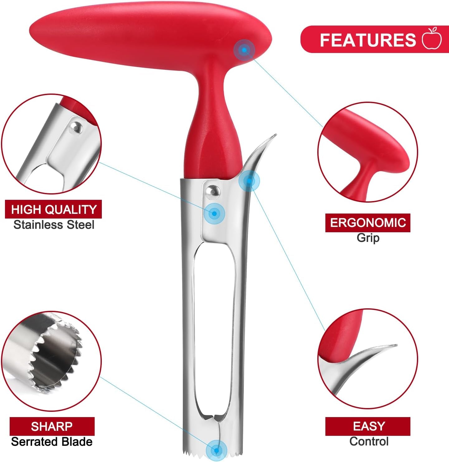 Premium Stainless Steel Apple Corer Tool - Effortless Core Removal with Sharp Serrated Blades - Easy to Clean and Use - Ideal for Apples and Pears (Red)