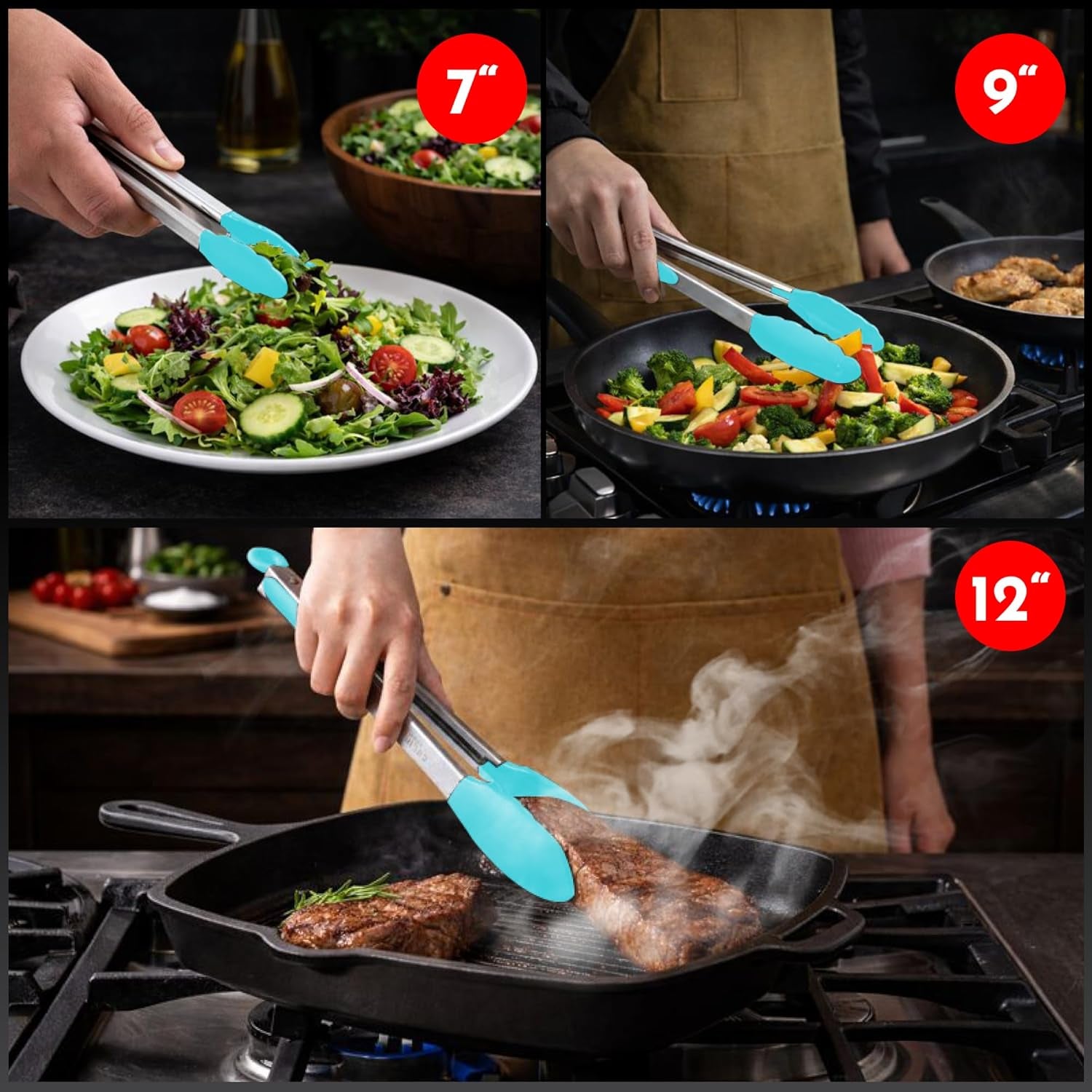 Set of 3 Aqua Silicone Tongs - 12, 9 & 7 Inch Locking Heat Resistant Tongs for Cooking, Grilling, Serving, and Mixing
