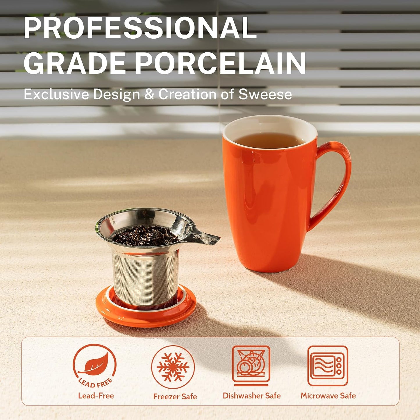 15Oz Porcelain Tea Mug with Infuser and Lid – Microwave Safe, Ergonomic Handle, Lead-Free Glaze, for Loose Leaf Tea