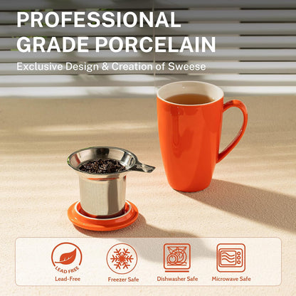 15Oz Porcelain Tea Mug with Infuser and Lid – Microwave Safe, Ergonomic Handle, Lead-Free Glaze, for Loose Leaf Tea