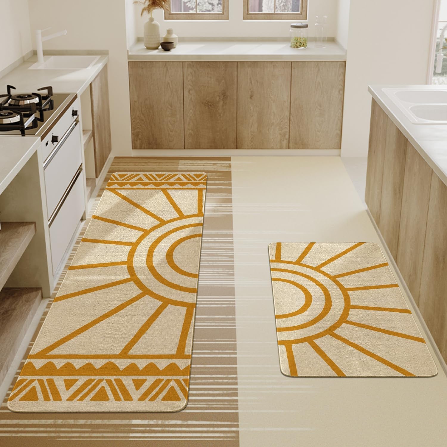 Set of 2 Bohemian Kitchen Mats, Modern Farmhouse Non-Skid Washable Rugs with Rubber Backing for Kitchen Decor (17" x 47" & 17" x 30")