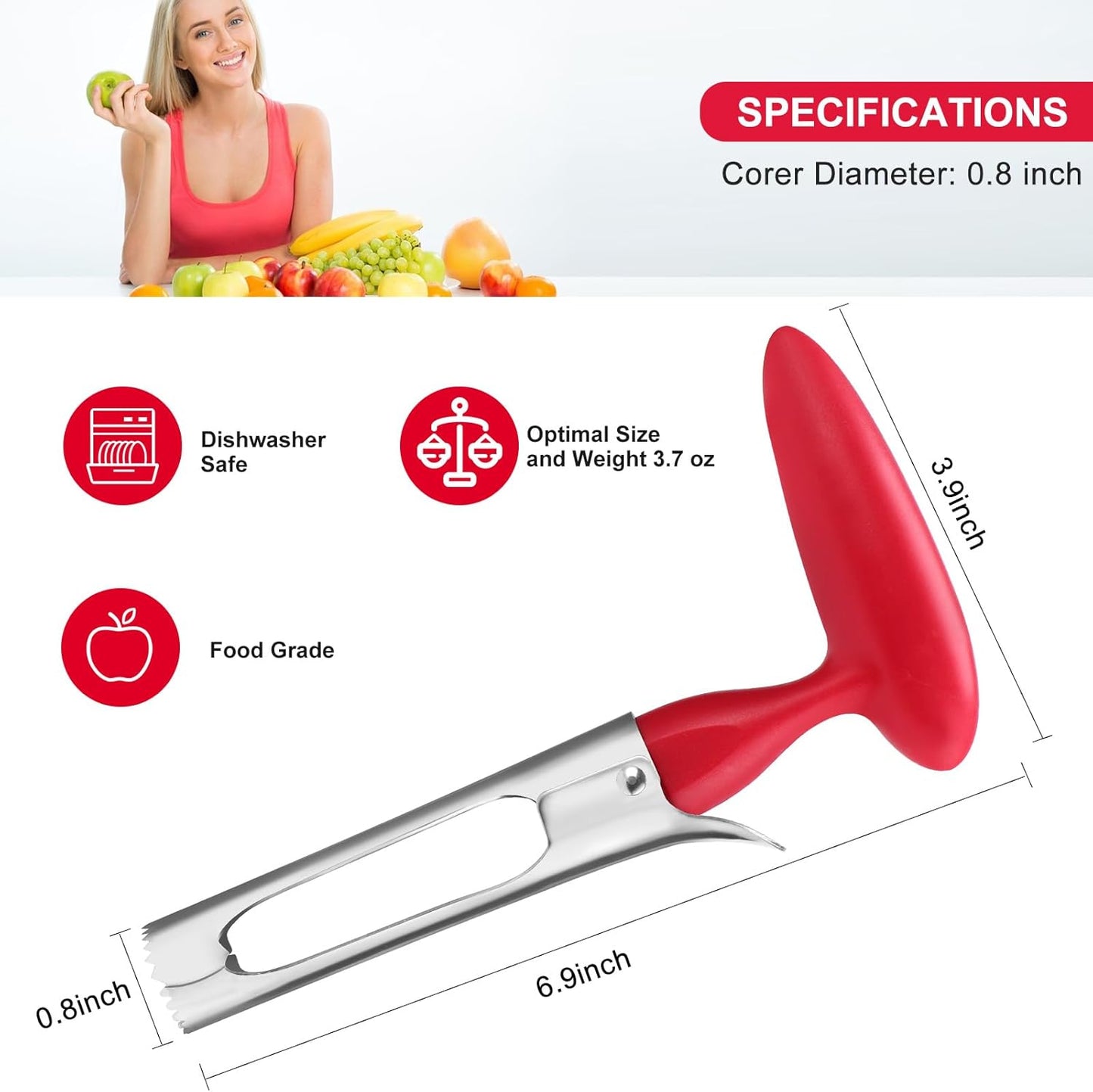 Premium Stainless Steel Apple Corer Tool - Effortless Core Removal with Sharp Serrated Blades - Easy to Clean and Use - Ideal for Apples and Pears (Red)