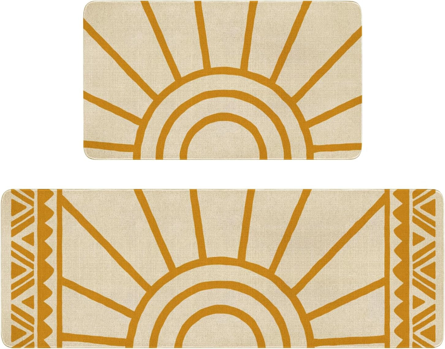 Set of 2 Bohemian Kitchen Mats, Modern Farmhouse Non-Skid Washable Rugs with Rubber Backing for Kitchen Decor (17" x 47" & 17" x 30")