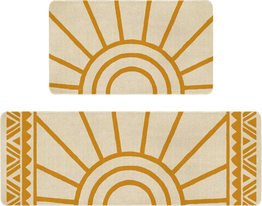 Set of 2 Bohemian Kitchen Mats, Modern Farmhouse Non-Skid Washable Rugs with Rubber Backing for Kitchen Decor (17" x 47" & 17" x 30")