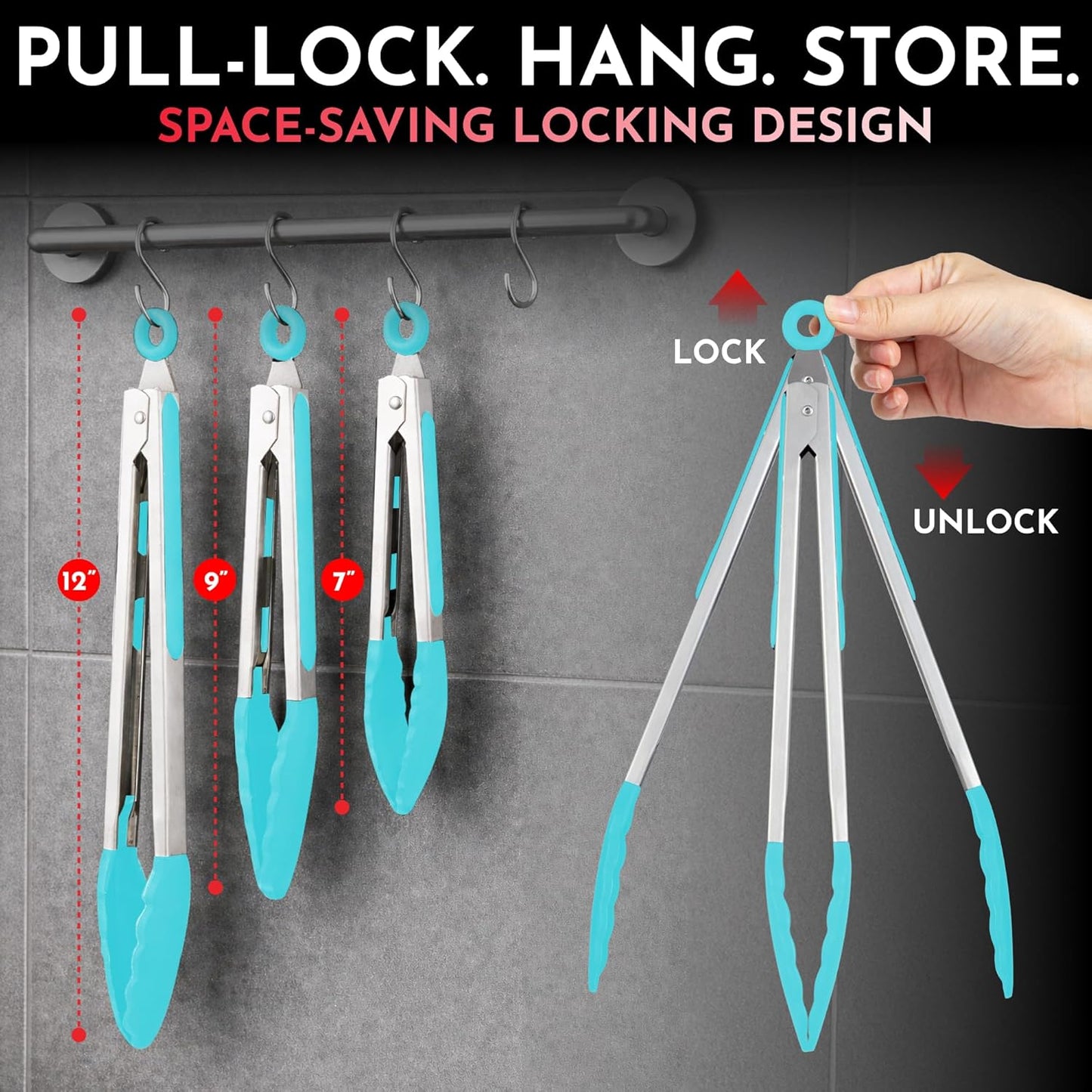 Set of 3 Aqua Silicone Tongs - 12, 9 & 7 Inch Locking Heat Resistant Tongs for Cooking, Grilling, Serving, and Mixing