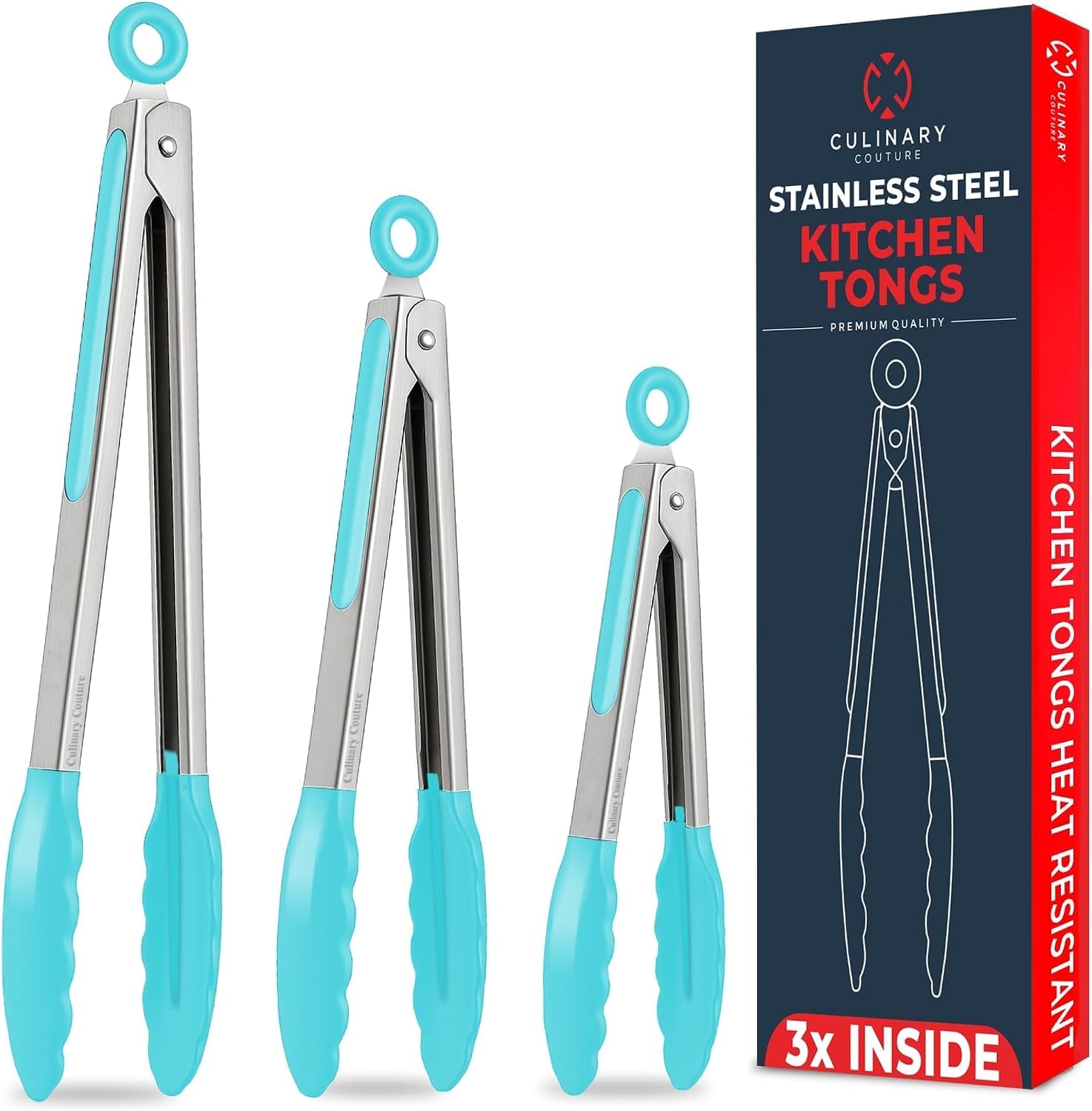 Set of 3 Aqua Silicone Tongs - 12, 9 & 7 Inch Locking Heat Resistant Tongs for Cooking, Grilling, Serving, and Mixing
