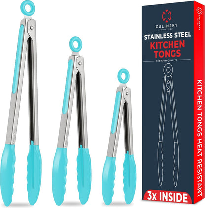 Set of 3 Aqua Silicone Tongs - 12, 9 & 7 Inch Locking Heat Resistant Tongs for Cooking, Grilling, Serving, and Mixing