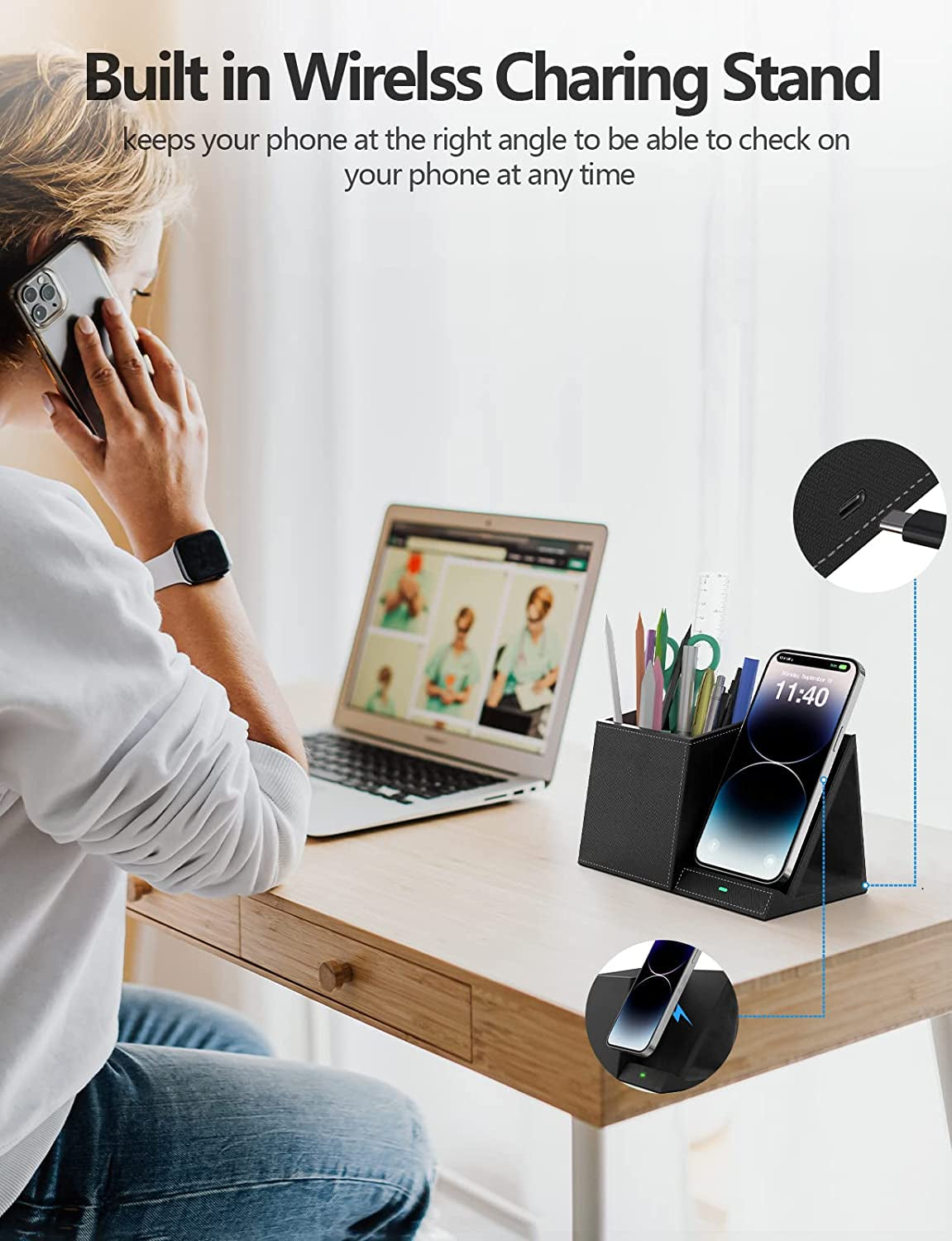 Wireless Charging Pen Holder and Phone Stand, Compatible with iPhone 8-17 Series, Ideal Desk Accessory for Home Office, Perfect Gift for Men, Husbands, Wives, Anniversaries, and Birthdays