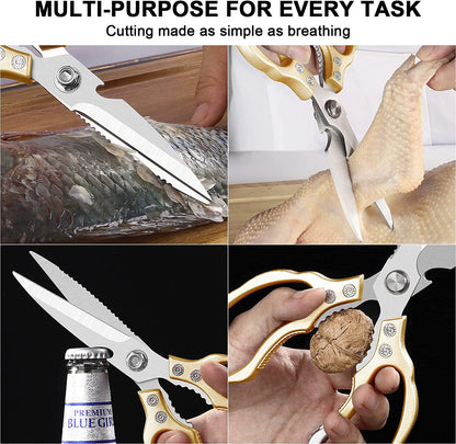 Heavy-Duty All-Purpose Kitchen Scissors with Ultra Sharp Stainless Steel Blades, Dishwasher Safe, Ideal for Poultry, Fish, Meat, Herbs, and Grapes, Featuring Non-Slip Grips - Gold Finish
