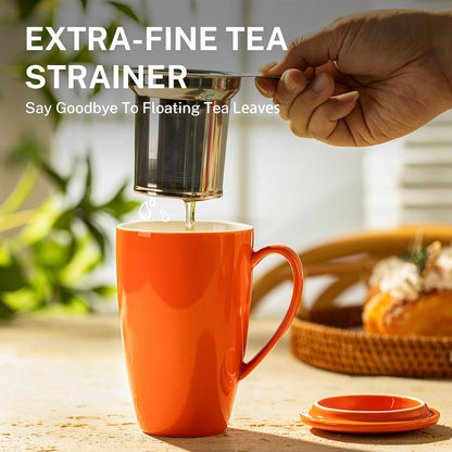 15Oz Porcelain Tea Mug with Infuser and Lid – Microwave Safe, Ergonomic Handle, Lead-Free Glaze, for Loose Leaf Tea