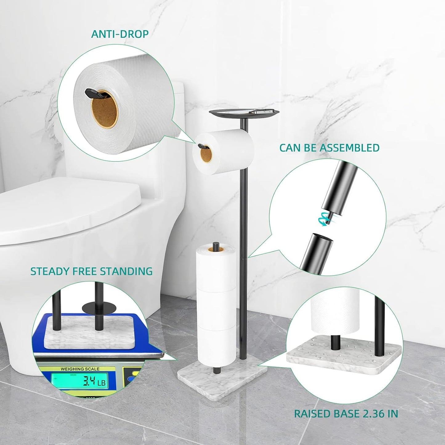 Toilet Paper Holder Stand for Bathroom Floor Standing Toilet Roll Dispenser Storages 4 Reserve Rolls, with Top Storage Shelf for Cell Phones, Wipe, Wallet and More(Marble Black)