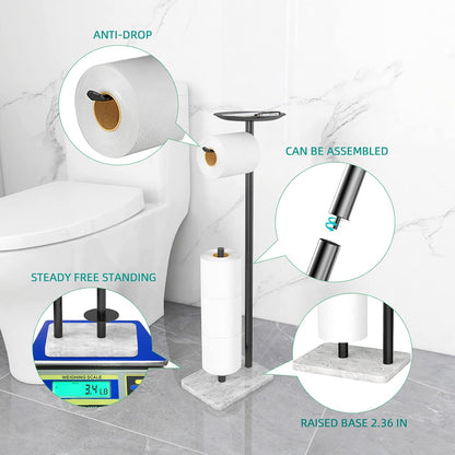 Toilet Paper Holder Stand for Bathroom Floor Standing Toilet Roll Dispenser Storages 4 Reserve Rolls, with Top Storage Shelf for Cell Phones, Wipe, Wallet and More(Marble Black)
