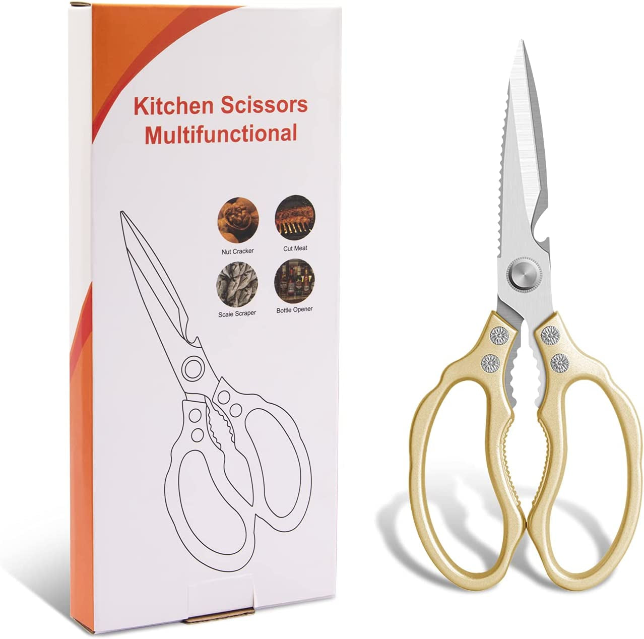 Heavy-Duty All-Purpose Kitchen Scissors with Ultra Sharp Stainless Steel Blades, Dishwasher Safe, Ideal for Poultry, Fish, Meat, Herbs, and Grapes, Featuring Non-Slip Grips - Gold Finish