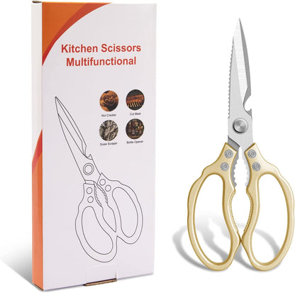 Heavy-Duty All-Purpose Kitchen Scissors with Ultra Sharp Stainless Steel Blades, Dishwasher Safe, Ideal for Poultry, Fish, Meat, Herbs, and Grapes, Featuring Non-Slip Grips - Gold Finish