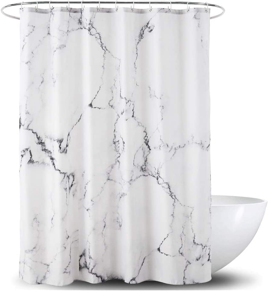Grey and White Marble Fabric Shower Curtain with Hooks, Unique 3D Print, Waterproof Decorative Bathroom Accessory, Reinforced Metal Grommets, Standard Size 72x72 Inches