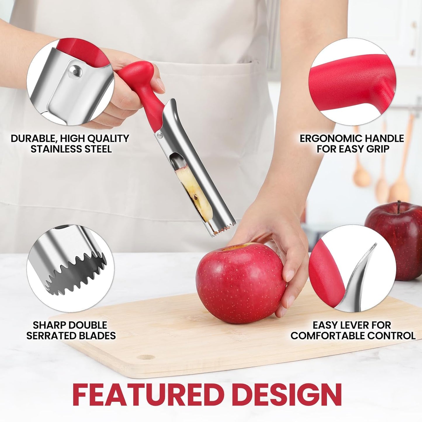 Premium Stainless Steel Apple Corer Tool - Effortless Core Removal with Sharp Serrated Blades - Easy to Clean and Use - Ideal for Apples and Pears (Red)