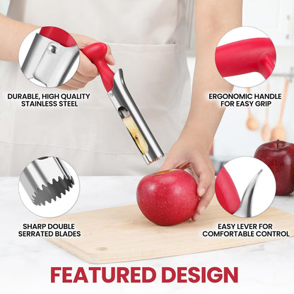 Premium Stainless Steel Apple Corer Tool - Effortless Core Removal with Sharp Serrated Blades - Easy to Clean and Use - Ideal for Apples and Pears (Red)