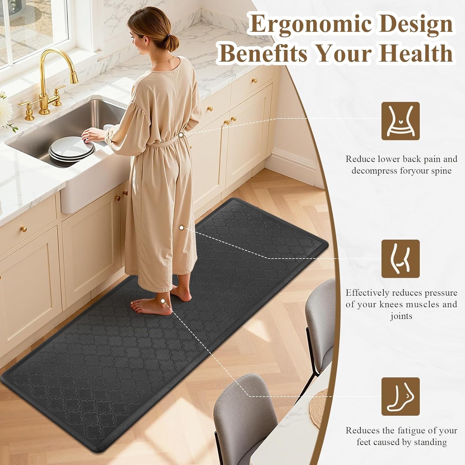 Anti-Fatigue Cushioned Kitchen Mats 20" x 60" | Non-Slip Waterproof Floor Runner Rug, Heavy-Duty Padded Foam Comfort Mat for Standing Desks, Laundry Areas, and Sinks