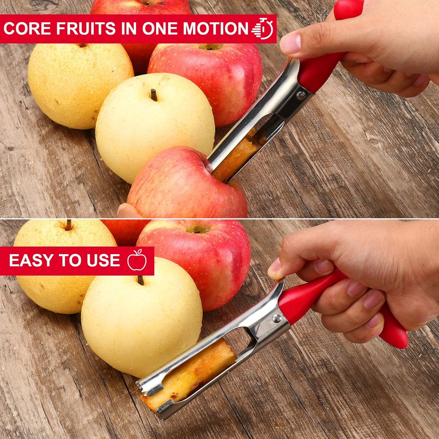 Premium Stainless Steel Apple Corer Tool - Effortless Core Removal with Sharp Serrated Blades - Easy to Clean and Use - Ideal for Apples and Pears (Red)
