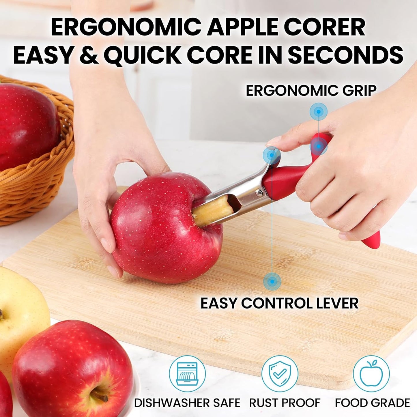 Premium Stainless Steel Apple Corer Tool - Effortless Core Removal with Sharp Serrated Blades - Easy to Clean and Use - Ideal for Apples and Pears (Red)