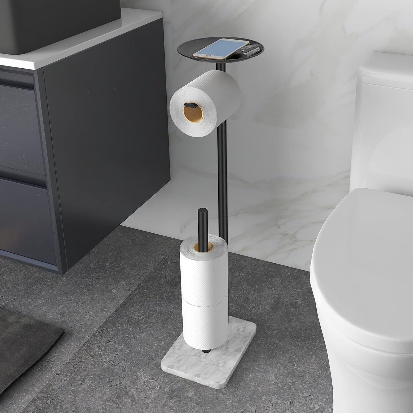 Toilet Paper Holder Stand for Bathroom Floor Standing Toilet Roll Dispenser Storages 4 Reserve Rolls, with Top Storage Shelf for Cell Phones, Wipe, Wallet and More(Marble Black)