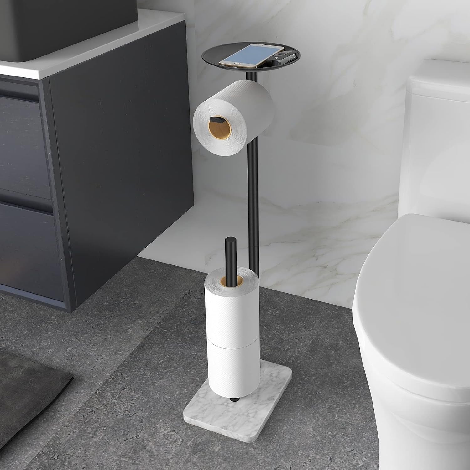 Toilet Paper Holder Stand for Bathroom Floor Standing Toilet Roll Dispenser Storages 4 Reserve Rolls, with Top Storage Shelf for Cell Phones, Wipe, Wallet and More(Marble Black)