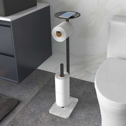 Toilet Paper Holder Stand for Bathroom Floor Standing Toilet Roll Dispenser Storages 4 Reserve Rolls, with Top Storage Shelf for Cell Phones, Wipe, Wallet and More(Marble Black)