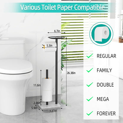 Toilet Paper Holder Stand for Bathroom Floor Standing Toilet Roll Dispenser Storages 4 Reserve Rolls, with Top Storage Shelf for Cell Phones, Wipe, Wallet and More(Marble Black)
