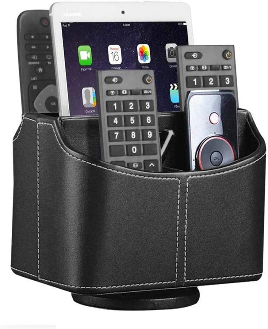 Premium PU Leather 360-Degree Spinning Remote Control Holder and Organizer for Desk and Bedside Table - Versatile Storage Solution for Media Controllers, Makeup Brushes, Glasses, Pens, and Office Accessories