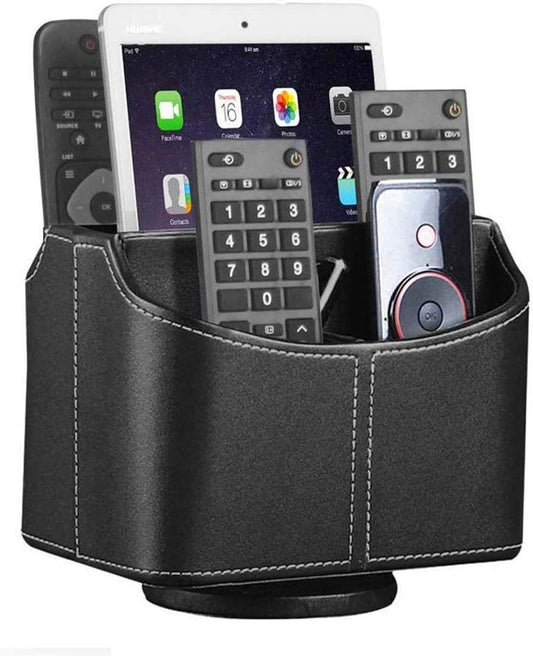 Premium PU Leather 360-Degree Spinning Remote Control Holder and Organizer for Desk and Bedside Table - Versatile Storage Solution for Media Controllers, Makeup Brushes, Glasses, Pens, and Office Accessories