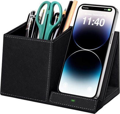 Wireless Charging Pen Holder and Phone Stand, Compatible with iPhone 8-17 Series, Ideal Desk Accessory for Home Office, Perfect Gift for Men, Husbands, Wives, Anniversaries, and Birthdays