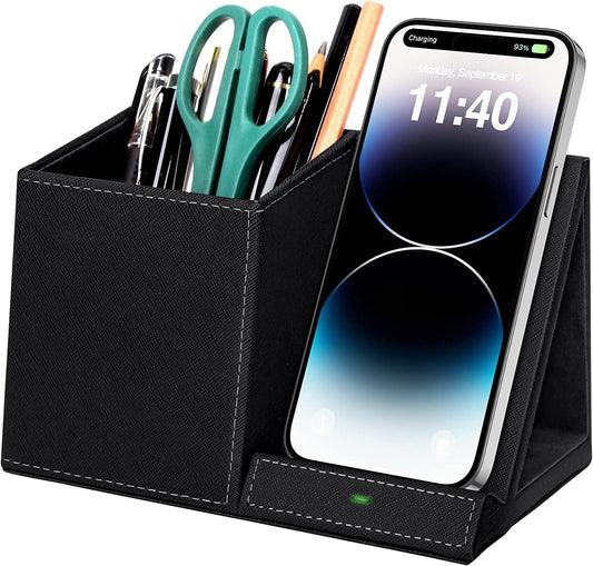Wireless Charging Pen Holder and Phone Stand, Compatible with iPhone 8-17 Series, Ideal Desk Accessory for Home Office, Perfect Gift for Men, Husbands, Wives, Anniversaries, and Birthdays