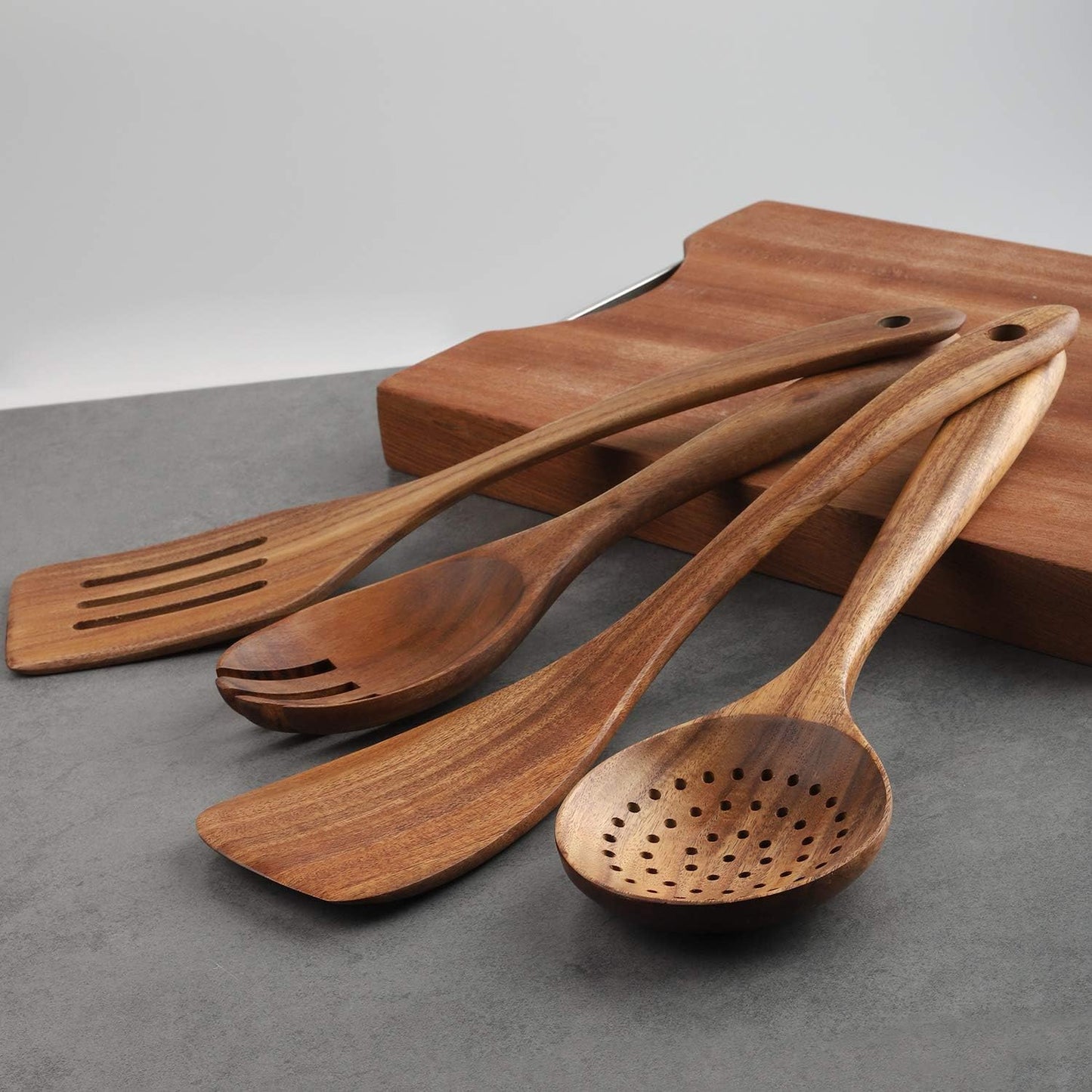 4-Piece Wooden Cooking Utensils Set for Non-Stick Cookware: Includes Spatula, Fork, Turner, Ladle, and Strainer Spoons