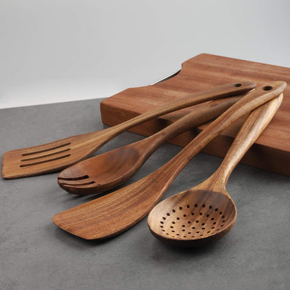 4-Piece Wooden Cooking Utensils Set for Non-Stick Cookware: Includes Spatula, Fork, Turner, Ladle, and Strainer Spoons