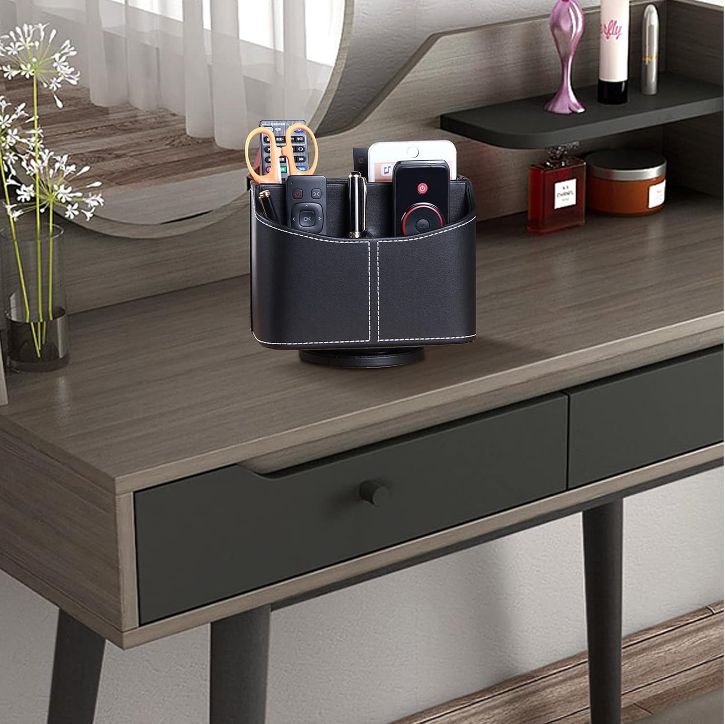 Premium PU Leather 360-Degree Spinning Remote Control Holder and Organizer for Desk and Bedside Table - Versatile Storage Solution for Media Controllers, Makeup Brushes, Glasses, Pens, and Office Accessories