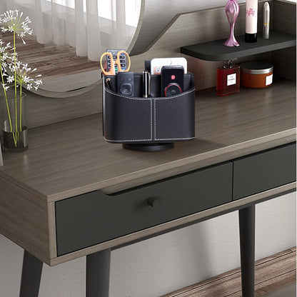 Premium PU Leather 360-Degree Spinning Remote Control Holder and Organizer for Desk and Bedside Table - Versatile Storage Solution for Media Controllers, Makeup Brushes, Glasses, Pens, and Office Accessories