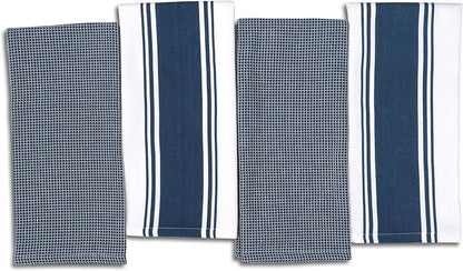 Cotton Kitchen Towels - Set of 4 Ultra Soft Waffle Weave Dish Cloths with Hanging Loop - 20x28 Inch Highly Absorbent and Quick Drying (Blue)