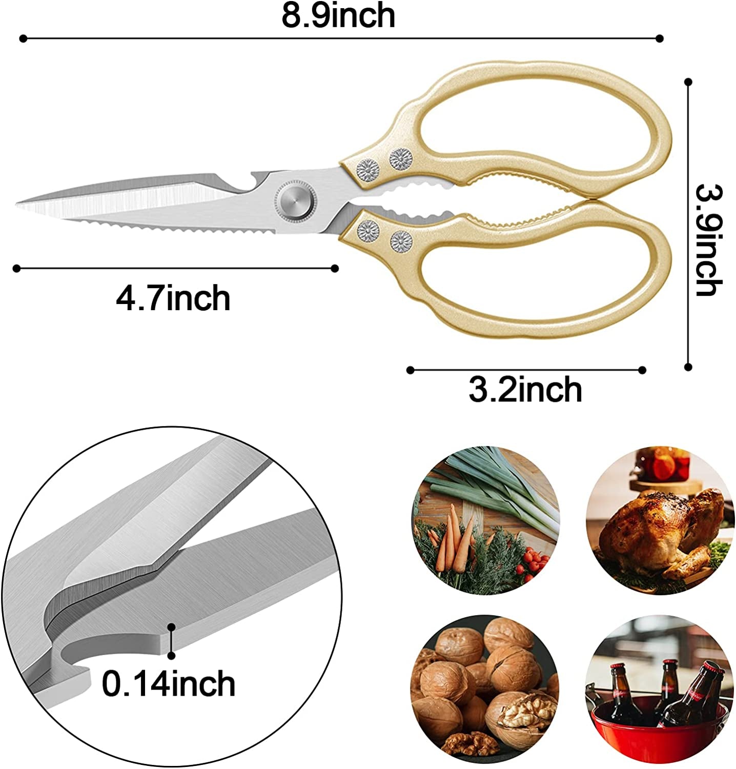 Heavy-Duty All-Purpose Kitchen Scissors with Ultra Sharp Stainless Steel Blades, Dishwasher Safe, Ideal for Poultry, Fish, Meat, Herbs, and Grapes, Featuring Non-Slip Grips - Gold Finish