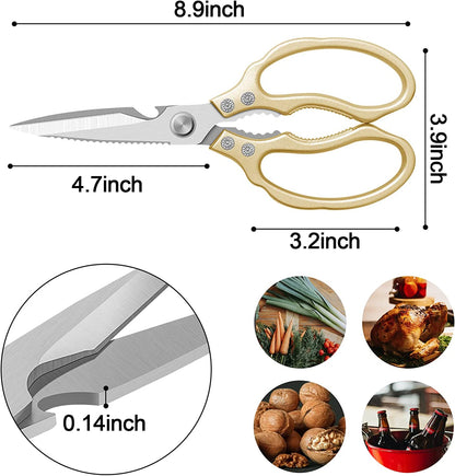 Heavy-Duty All-Purpose Kitchen Scissors with Ultra Sharp Stainless Steel Blades, Dishwasher Safe, Ideal for Poultry, Fish, Meat, Herbs, and Grapes, Featuring Non-Slip Grips - Gold Finish